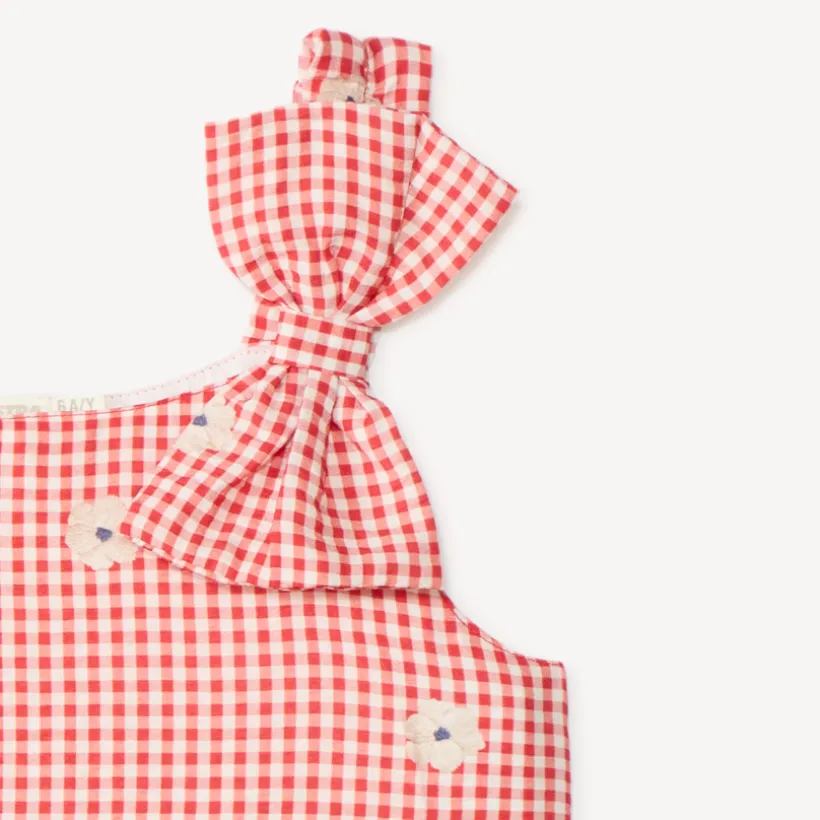 Top fille vichy nœud épaule et broderie fleurie