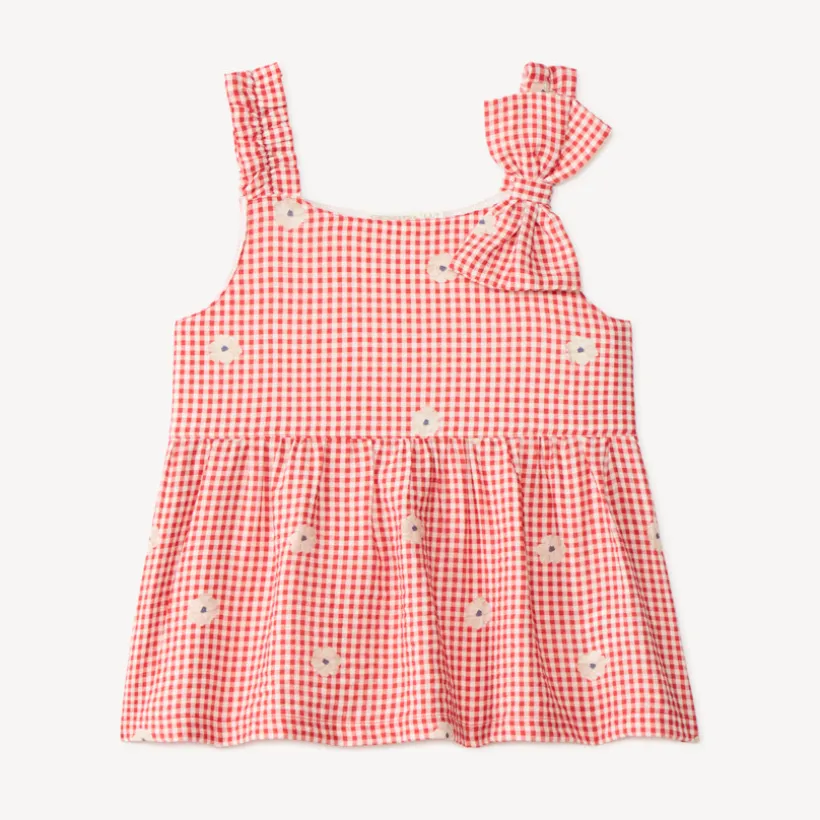 Top fille vichy nœud épaule et broderie fleurie