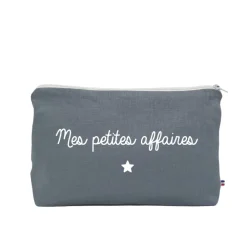 Trousse de toilette en lin "Mes petites affaires " - Bleu grisé