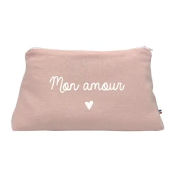 Trousse de toilette en lin "Mon amour" - Rose