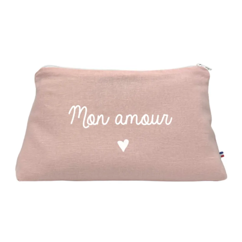 Trousse de toilette en lin "Mon amour" - Rose