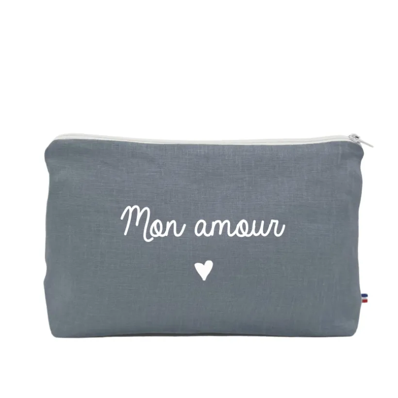 Trousse de toilette en lin "Mon amour" - Bleu grisé