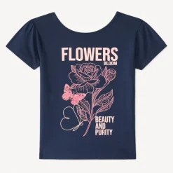 T-shirt manches courtes avec fleurs en broderie et sequins pour fille