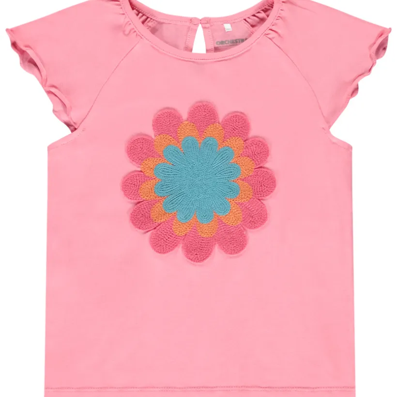 T-shirt manches courtes avec fleur en crochet pour fille