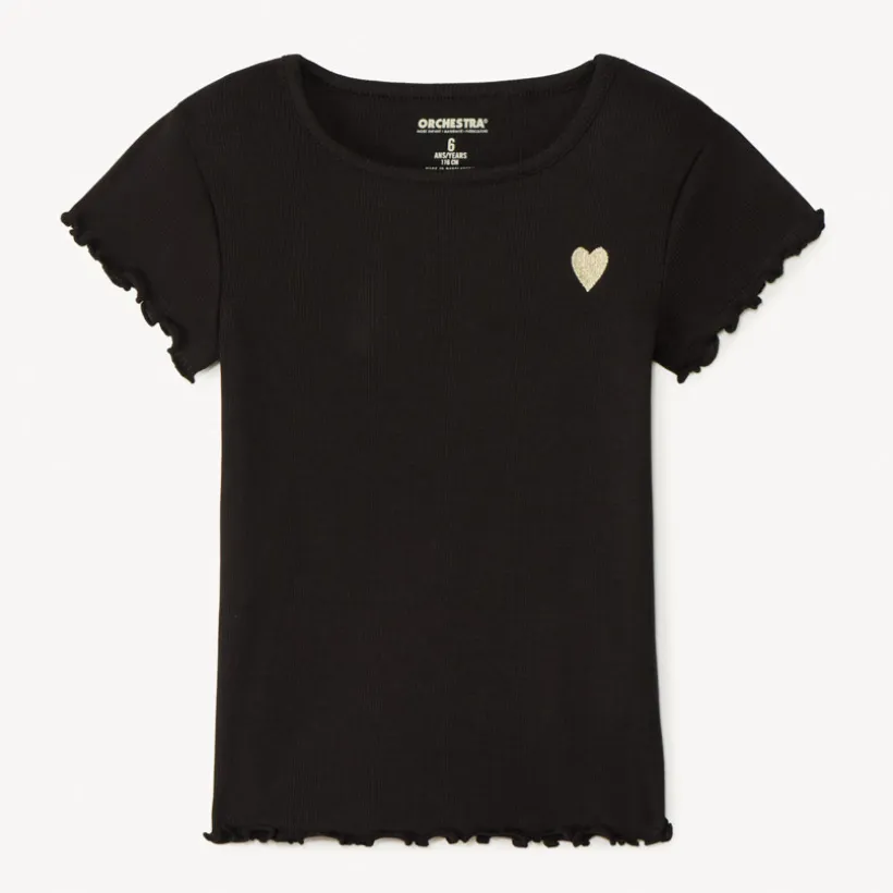 T-shirt manches courtes côtelé à cœur brodé pour fille