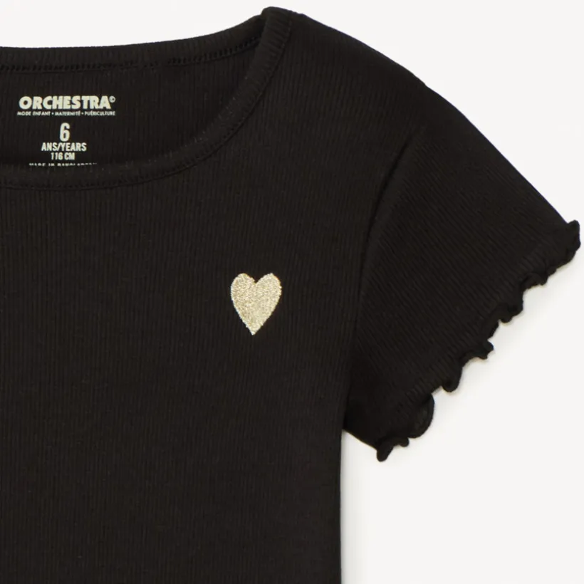 T-shirt manches courtes côtelé à cœur brodé pour fille