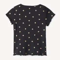 T-shirt manches courtes côtelé imprimé cœurs pailletés pour fille