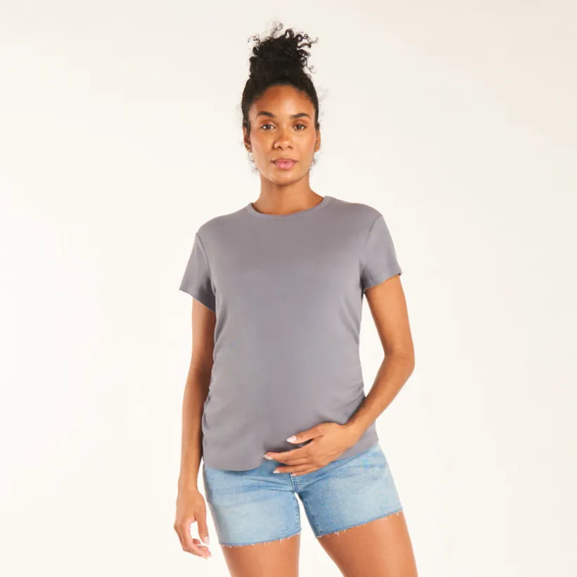 T-shirt manches courtes de grossesse côtelé uni à fronces