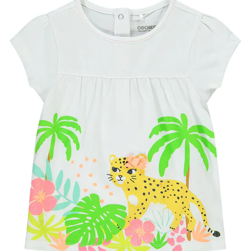T-shirt manches courtes en jersey avec print jungle et noeud fantaisie pour bébé fille