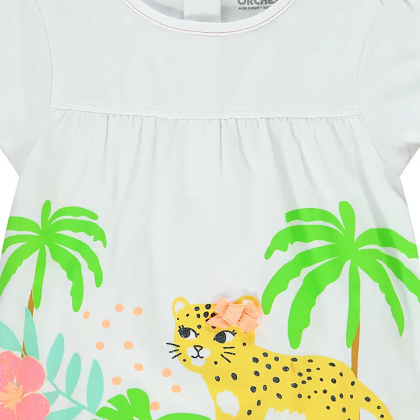 T-shirt manches courtes en jersey avec print jungle et noeud fantaisie pour bébé fille