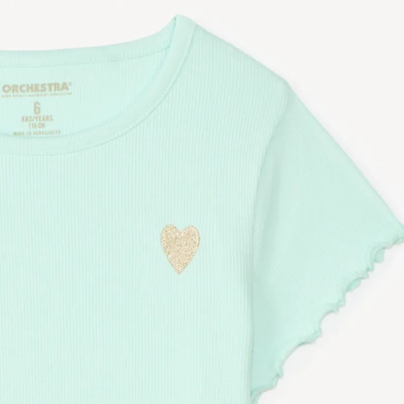T-shirt manches courtes en maille côtelée uni broderie cœur pour fille