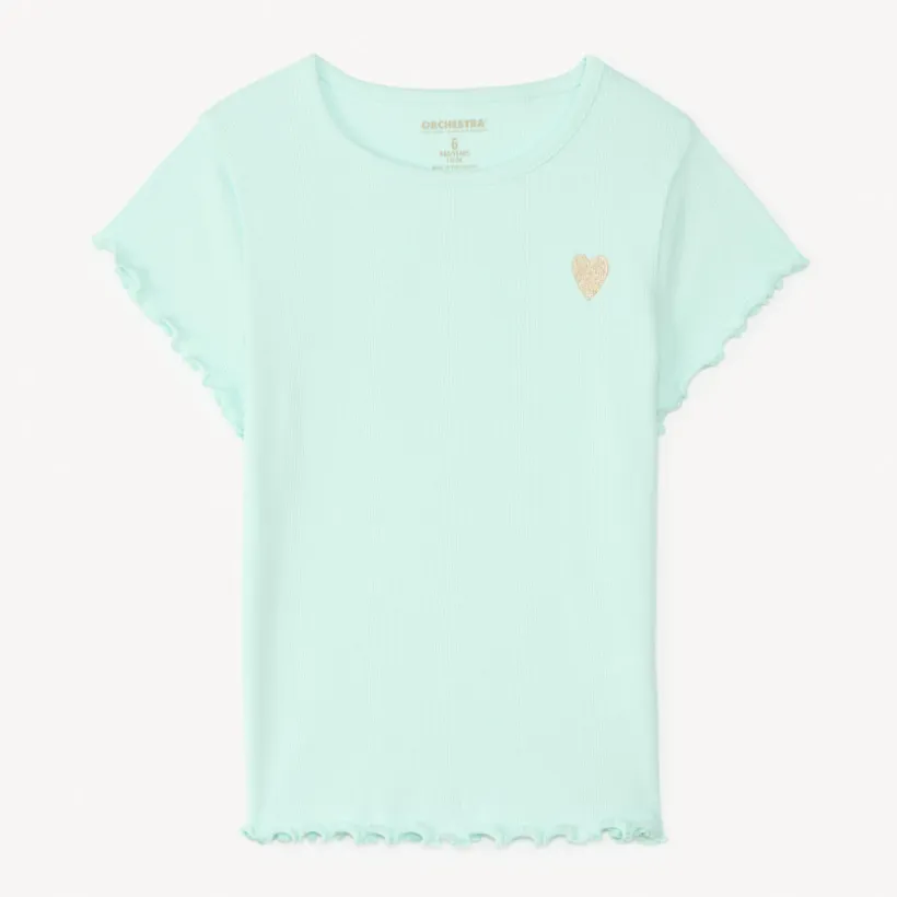 T-shirt manches courtes en maille côtelée uni broderie cœur pour fille