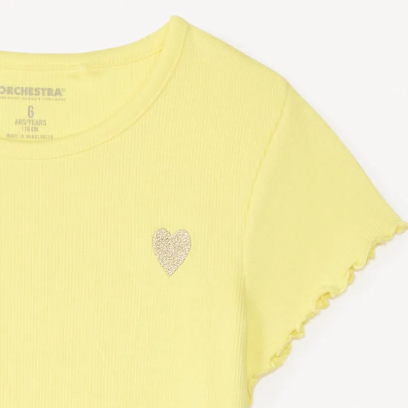 T-shirt manches courtes en maille côtelée uni broderie cœur pour fille