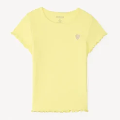 T-shirt manches courtes en maille côtelée uni broderie cœur pour fille