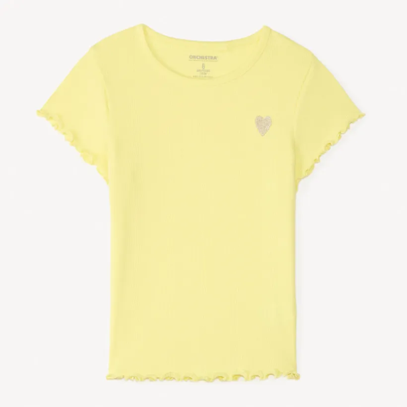 T-shirt manches courtes en maille côtelée uni broderie cœur pour fille