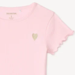 T-shirt manches courtes en maille côtelée uni broderie cœur pour fille