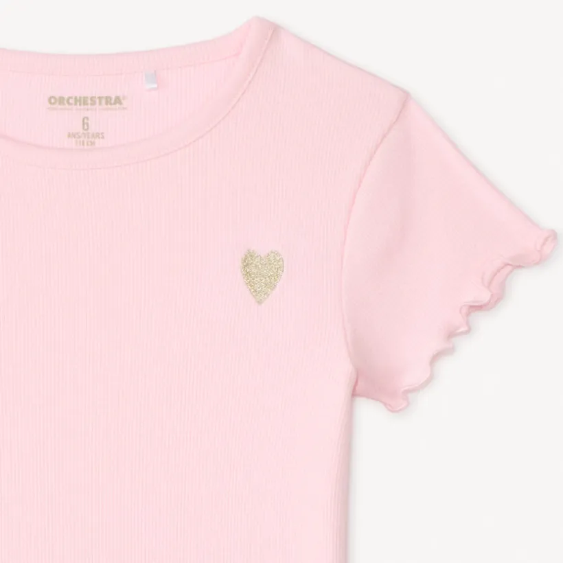 T-shirt manches courtes en maille côtelée uni broderie cœur pour fille