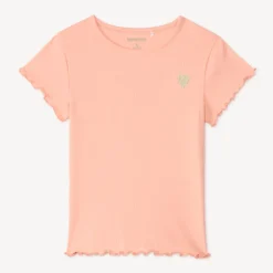 T-shirt manches courtes en maille côtelée uni broderie cœur pour fille