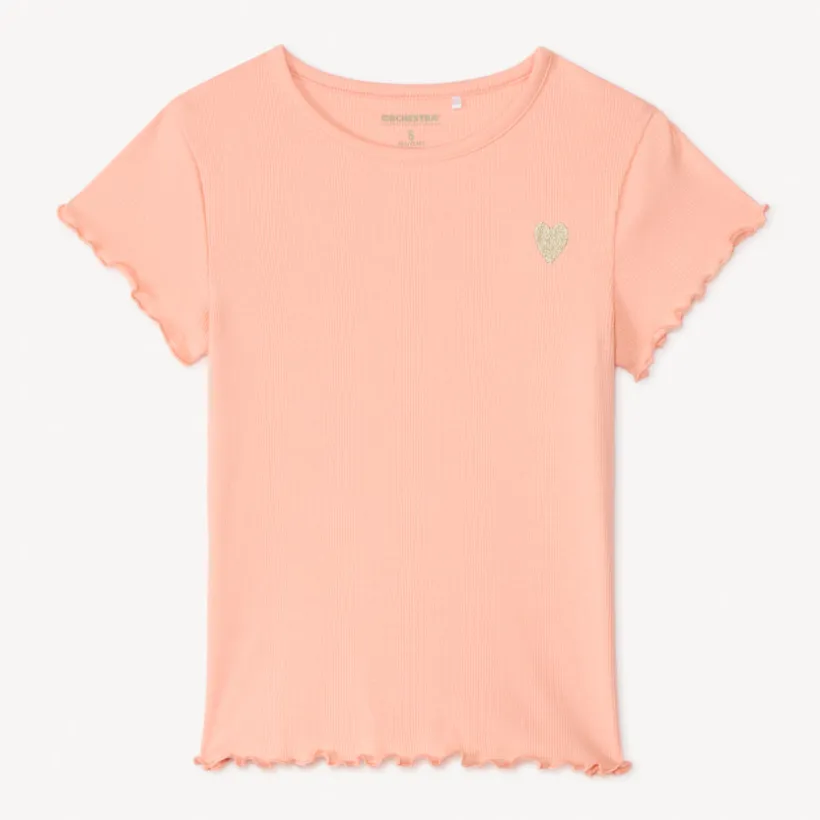 T-shirt manches courtes en maille côtelée uni broderie cœur pour fille