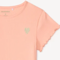 T-shirt manches courtes en maille côtelée uni broderie cœur pour fille