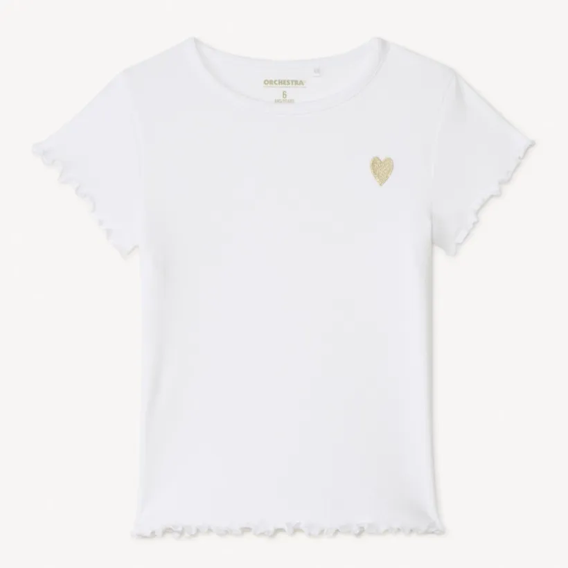 T-shirt manches courtes en maille côtelée uni broderie cœur pour fille