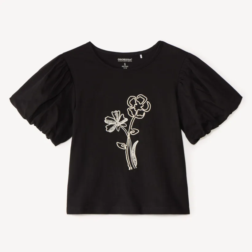 T-shirt manches courtes fille fleurs en cording
