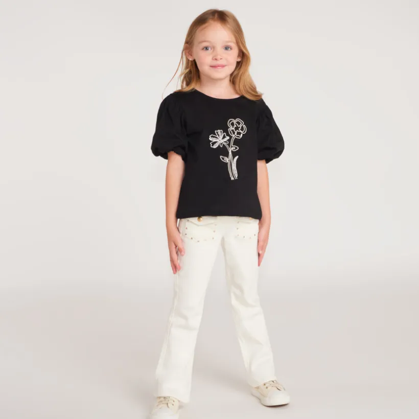 T-shirt manches courtes fille fleurs en cording