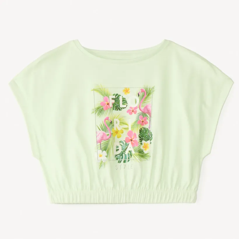 T-shirt manches courtes forme boîte court print fantaisie pour fille