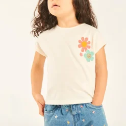 T-shirt manches courtes à revers avec fleurs en crochet pour bébé fille