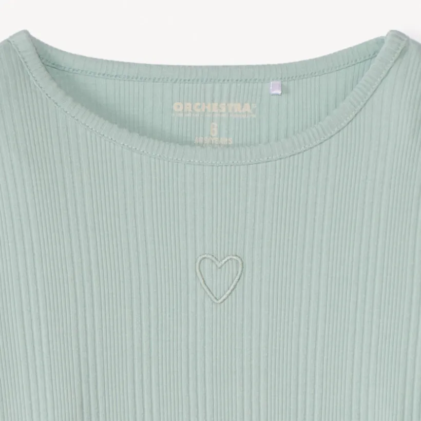 T-shirt manches longues côtelé brodé cœur pour fille