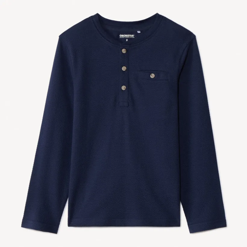 T-shirt manches longues en nid d'abeille et col tunisien pour garçon