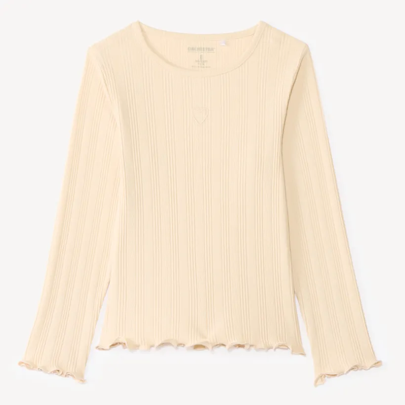 T-shirt manches longues fille maille côtelée broderie cœur