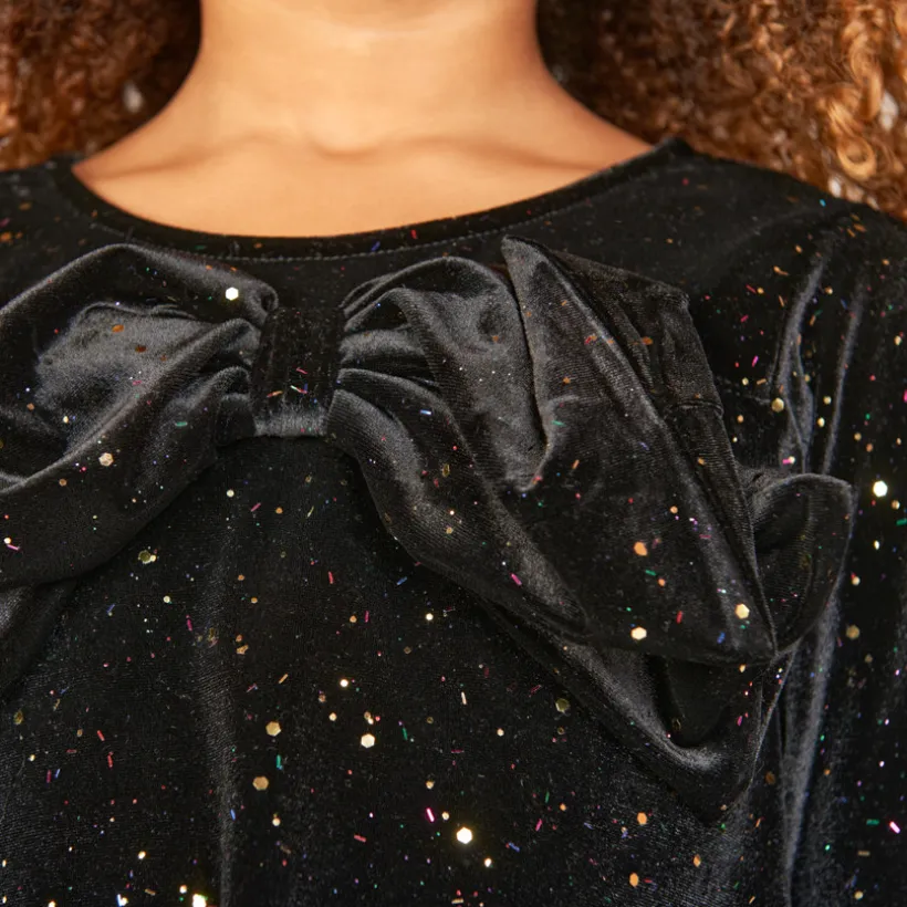 T-shirt manches longues à nœud en velours pailleté pour fille
