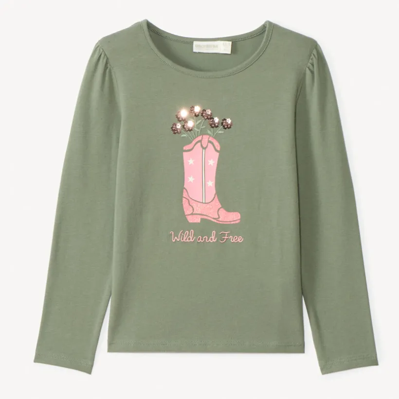 T-shirt manches longues print santiags et broderie pour fille