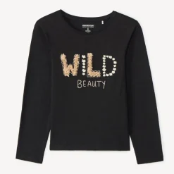 T-shirt manches longues uni noir fantaisie pour fille