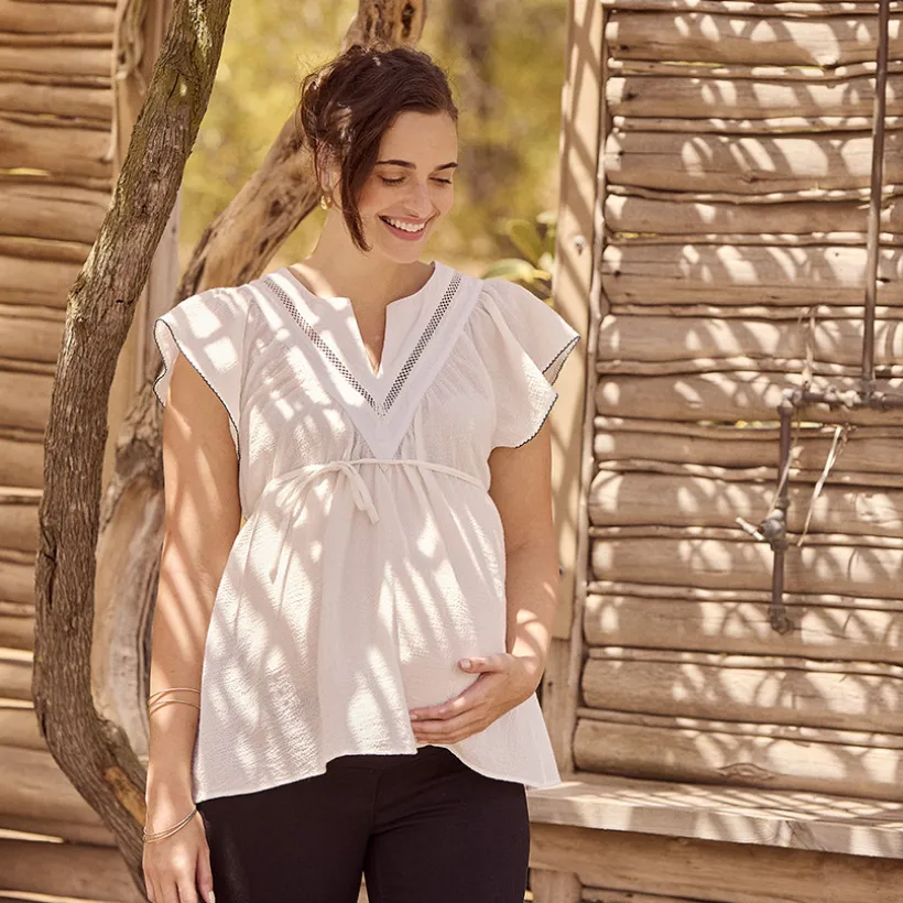 Tunique manches courtes en crêpe avec col fantaisie pour femme